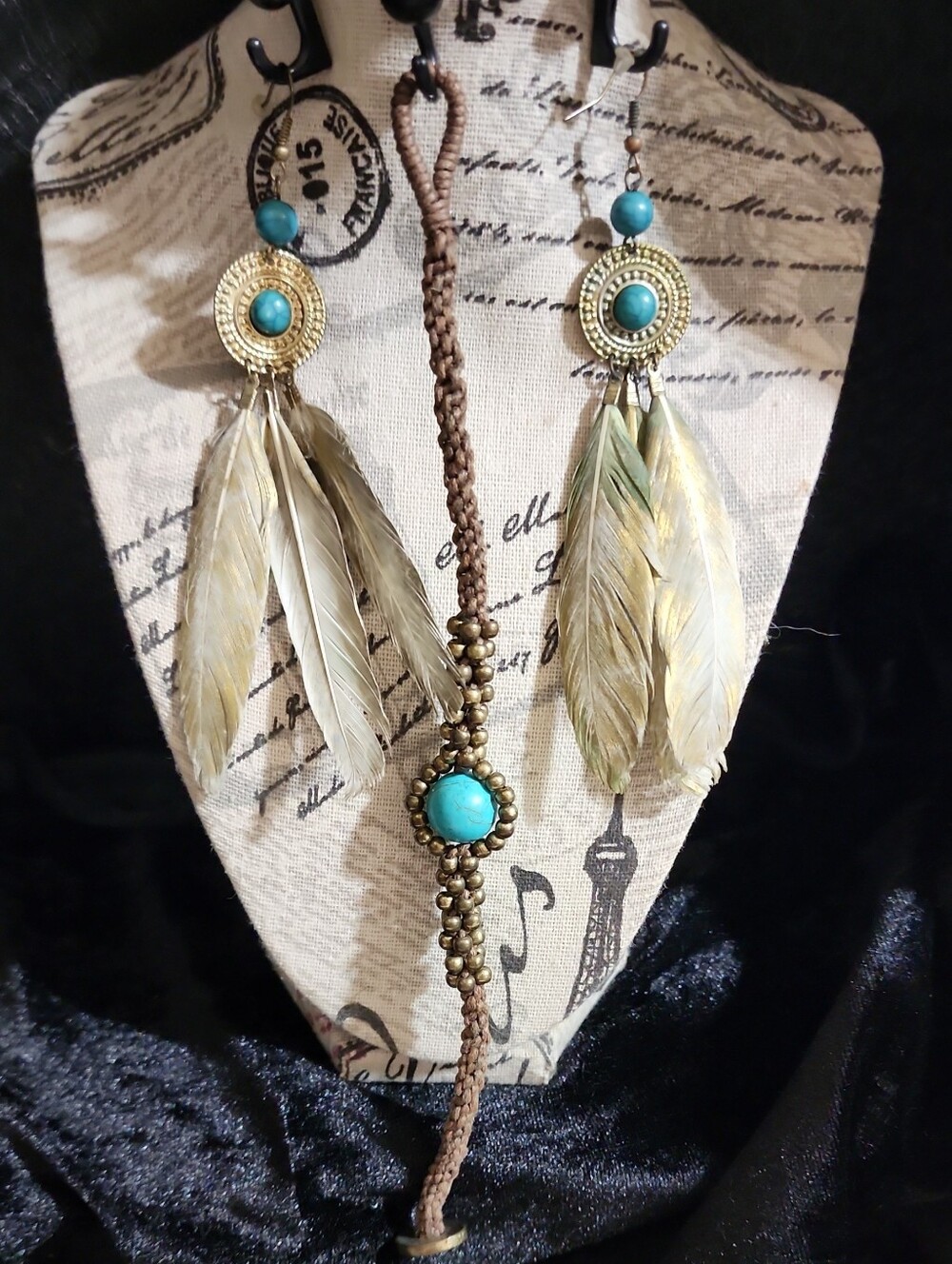 Turquoise Feather & Beaded Bracelet — Handcrafted Brown Cord